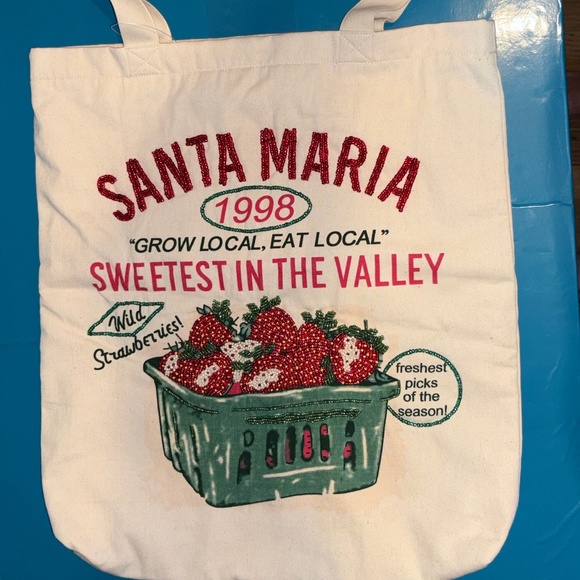Anthropologie Maeve Graphic Strawberry Beaded Canvas Tote - Picture 1 of 2